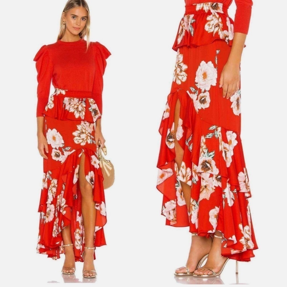 Misa Los Angeles Red Floral Ruffle High-Low Skirt